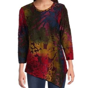 Calessa Tunic Top Women 1X Asymmetrical Hem Paisley Burnout Knit Artsy Fairycore